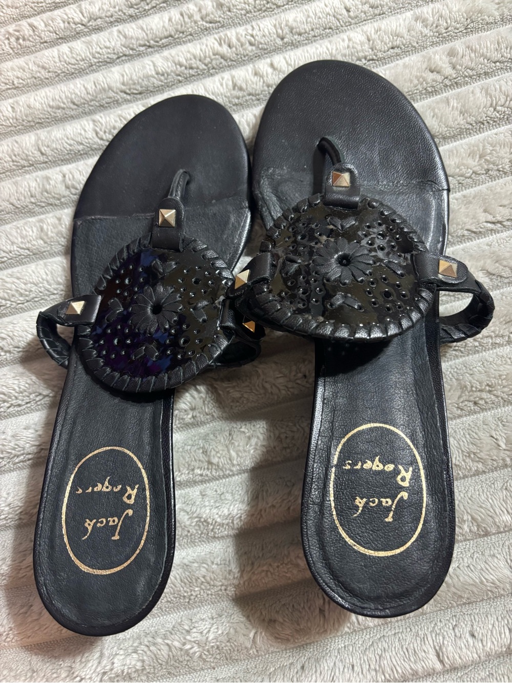 Jack Rogers Black Leather Whipstitch Stud Slide Sandals